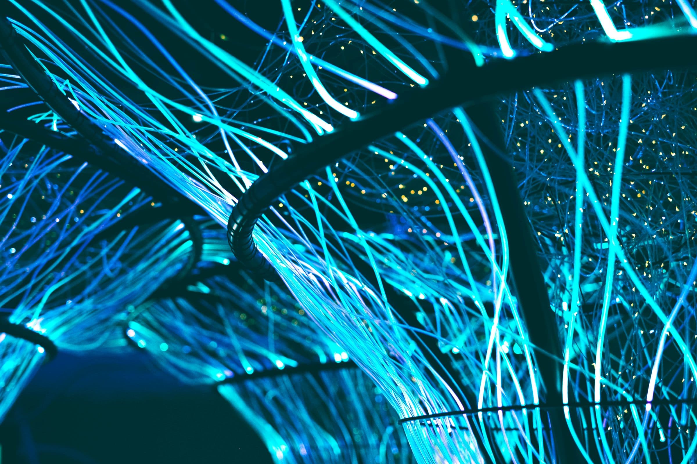 Bundled optical fibres glowing along their length in the dark.
