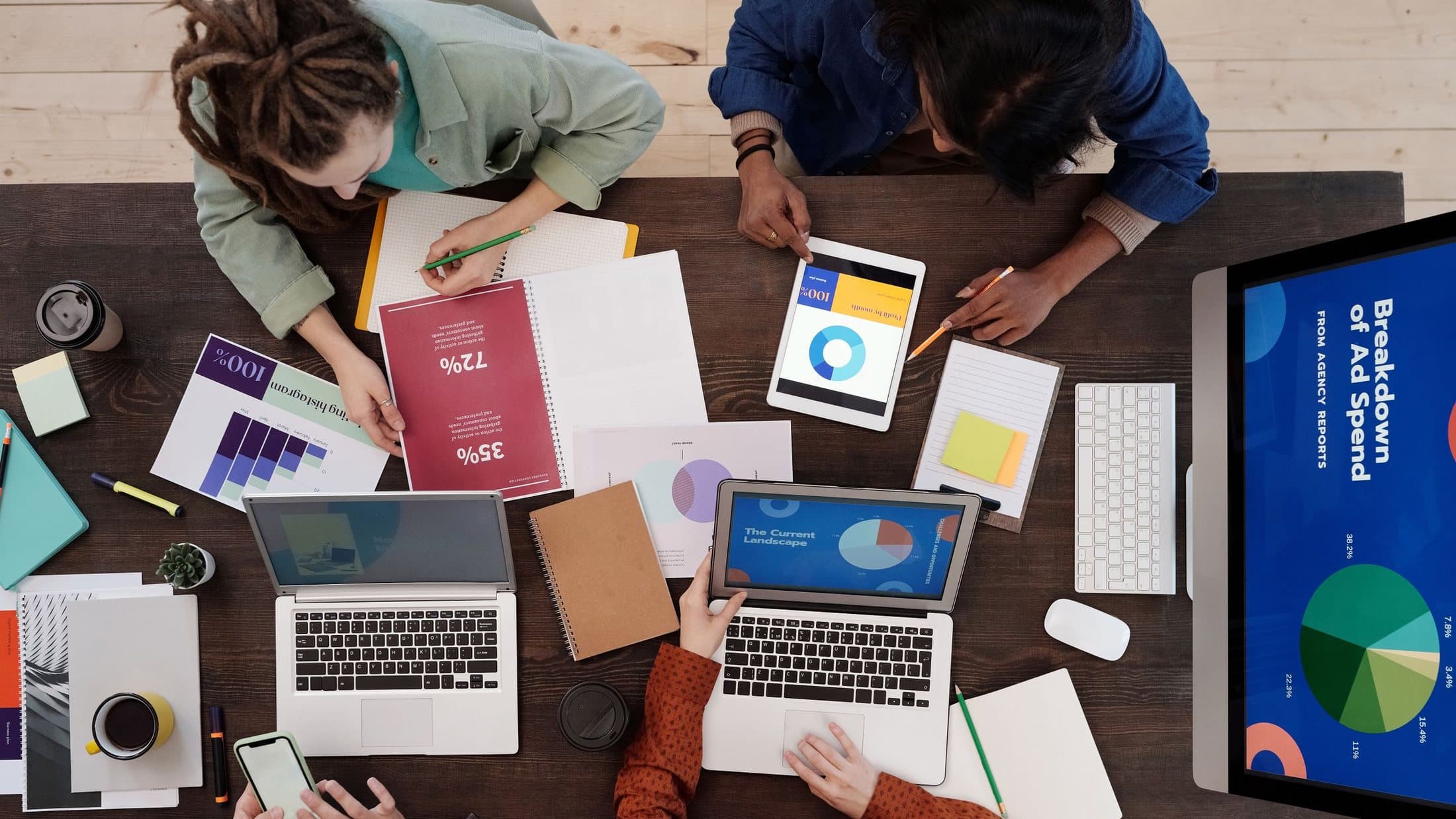 Overhead view of a team reviewing campaign charts and an ad-spend breakdown across laptops, a tablet and printed reports.